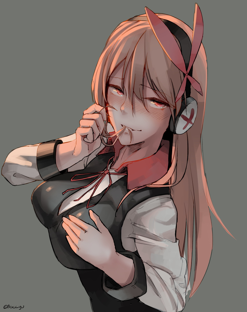 absurdres akame_ga_kill! blush breasts brown_background chelsea_(akame_ga_kill!) grey_background hair_in_mouth hair_ornament headphones highres large_breasts long_hair looking_at_viewer mouth_hold noccu orange_hair red_eyes ribbon simple_background solo upper_body vest