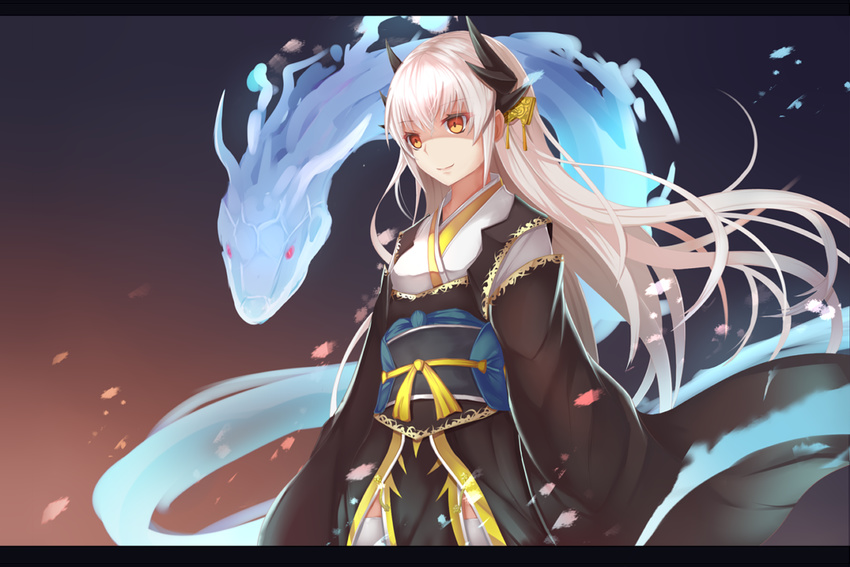 bad_id bad_pixiv_id dragon fate/grand_order fate_(series) horns japanese_clothes kimono kiyohime_(fate/grand_order) letterboxed long_hair obi sash shaded_face snake solo wakame_mi white_hair yellow_eyes