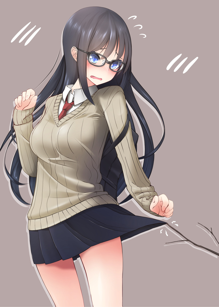 black_hair blue_eyes blush branch flying_sweatdrops glasses highres long_hair nekobaka original ribbed_sweater solo sweater