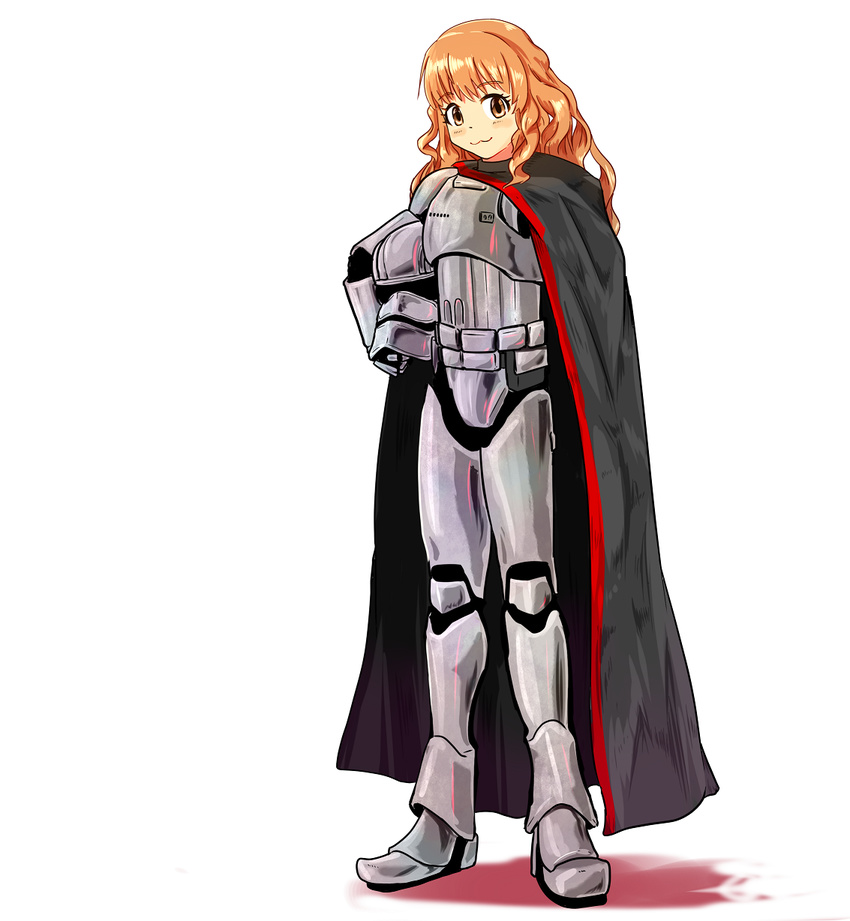 :3 ag_00000 armor blush_stickers cape captain_phasma captain_phasma_(cosplay) cosplay full_body headwear_removed helmet helmet_removed highres idolmaster idolmaster_cinderella_girls moroboshi_kirari solo star_wars star_wars:_the_force_awakens