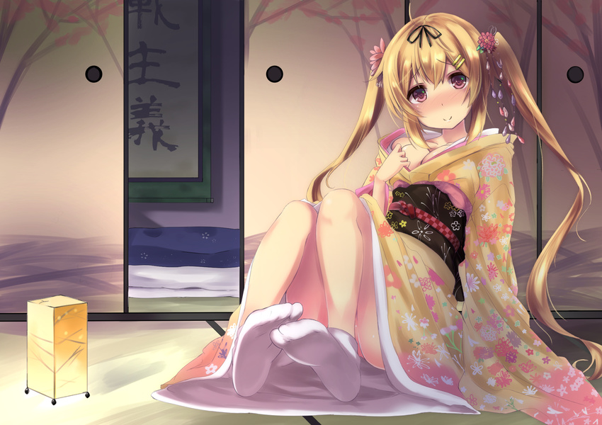 ahoge arm_at_side bangs blush breasts brown_hair cleavage collarbone commentary convenient_leg floral_print flower full_body fusuma futon hair_flower hair_ornament hair_ribbon hairclip hand_on_own_chest head_tilt heart heart-shaped_pupils highres indoors japanese_clothes kantai_collection kimono kimono_pull knees_up lantern long_hair long_sleeves looking_at_viewer medium_breasts murasame_(kantai_collection) no_panties no_shoes nose_blush on_floor paper_lantern print_kimono purunyara red_eyes ribbon sash scroll sitting sleeves_past_wrists sliding_doors socks solo symbol-shaped_pupils tabi tatami thighs twintails very_long_hair white_legwear