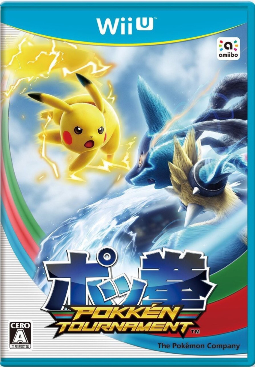 artist_request box_art cero game_console gen_1_pokemon gen_4_pokemon highres lucario mega_lucario no_humans official_art pikachu pokemon pokemon_(creature) pokemon_battle pokken_tournament video_game wii_u