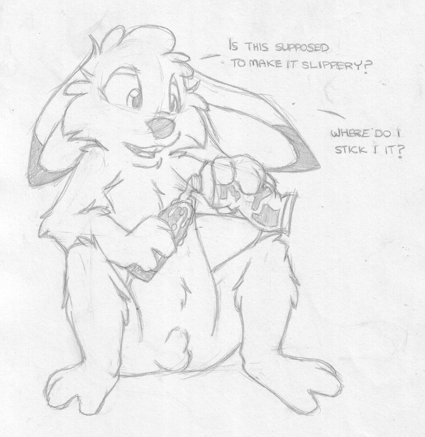 anthro balls barefoot buckteeth cub curious dialogue dildo english_text front_view greyscale holding_sex_toy jake_cottontail k-y_jelly lagomorph lube male mammal mizzyam monochrome nude open_mouth pencil_(artwork) rabbit sex_toy sheath sitting solo spread_legs spreading teeth text traditional_media_(artwork) vibrator young
