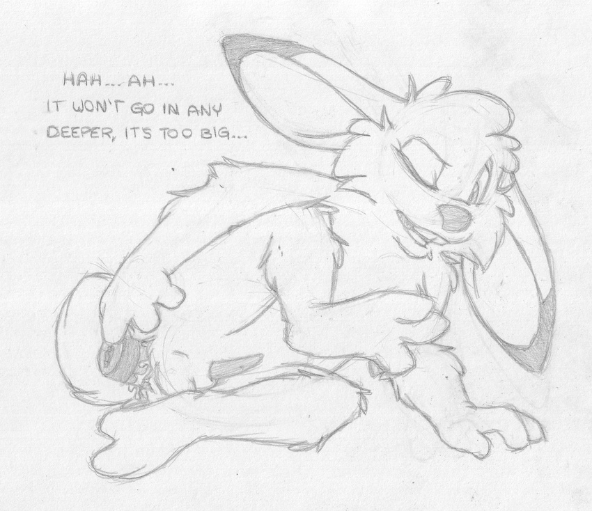 anthro balls barefoot buckteeth cub dialogue dildo english_text erection front_view greyscale jake_cottontail lagomorph lying male mammal masturbation mizzyam monochrome nude on_side one_leg_up open_mouth pencil_(artwork) penis rabbit sex_toy sheath solo tapering_penis teeth text toying_self traditional_media_(artwork) wince young