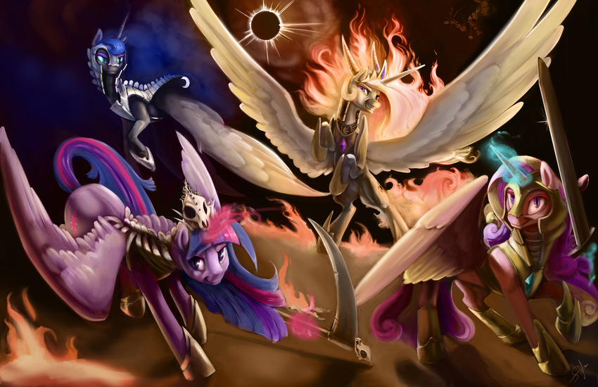 2015 amazing armor equine female feral friendship_is_magic horn mammal melee_weapon my_little_pony princess_cadance_(mlp) princess_celestia_(mlp) princess_luna_(mlp) scythe silfoe sword twilight_sparkle_(mlp) weapon winged_unicorn wings