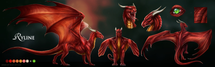 2018 ambiguous_gender curved_horn digital_media_(artwork) dragon feral green_eyes isvoc leilryu membranous_wings model_sheet open_mouth red_scales scales scalie solo standing teeth tongue western_dragon wings