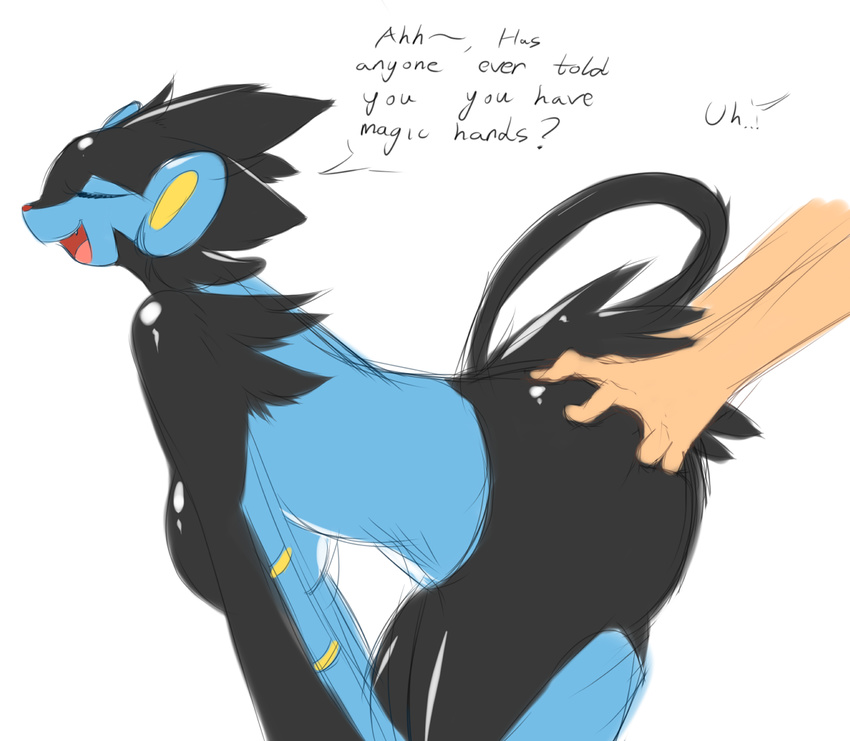 anthro averyshadydolphin big_breasts big_butt black_fur blue_fur breasts butt butt_grab dialogue disembodied_hand english_text eyes_closed faceless_male female fur hand_on_butt human interspecies luxray male mammal multicolored_fur nintendo open_mouth pok&eacute;mon pok&eacute;morph pok&eacute;philia smile solo_focus text two_tone_fur video_games