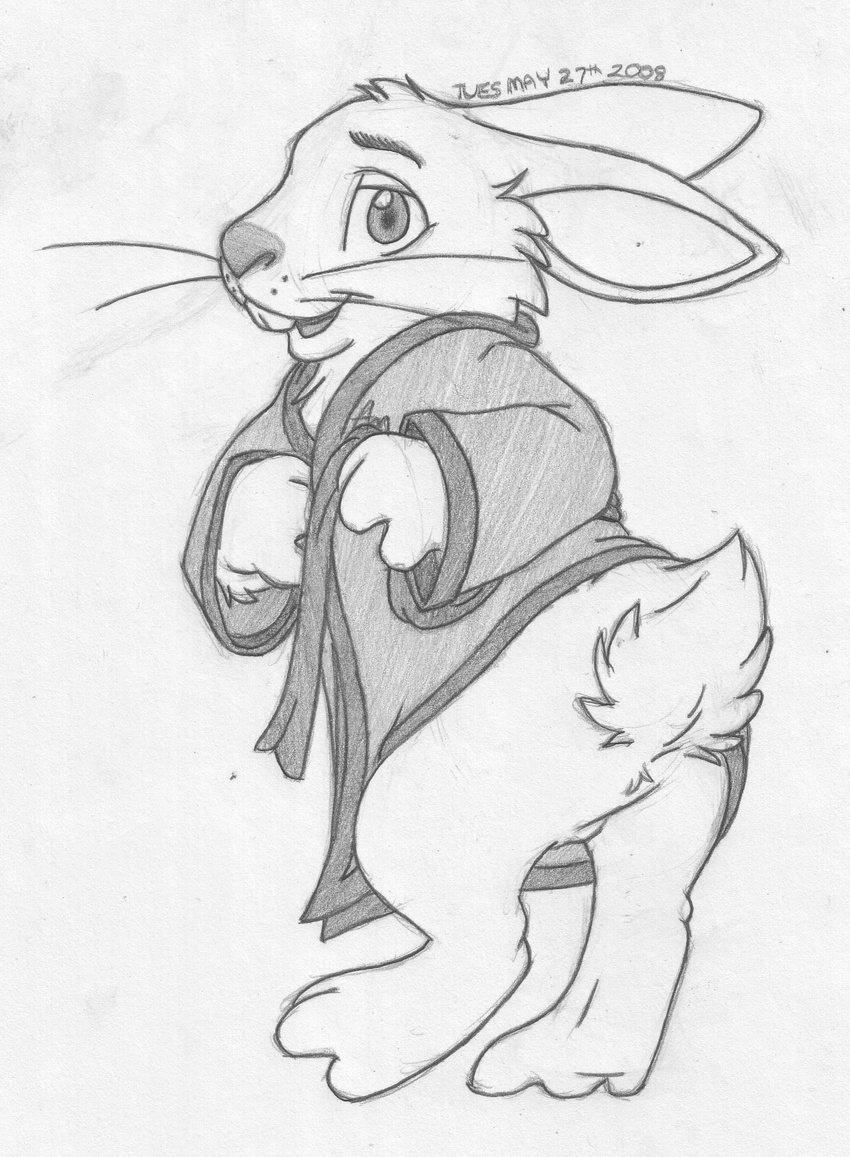 barefoot bathrobe bottomless buckteeth butt clothed clothing greyscale half-dressed lagomorph looking_at_viewer looking_back mammal mizzyam monochrome open_mouth pencil_(artwork) rabbit rear_view semi-anthro signature smile standing teeth traditional_media_(artwork) whiskers