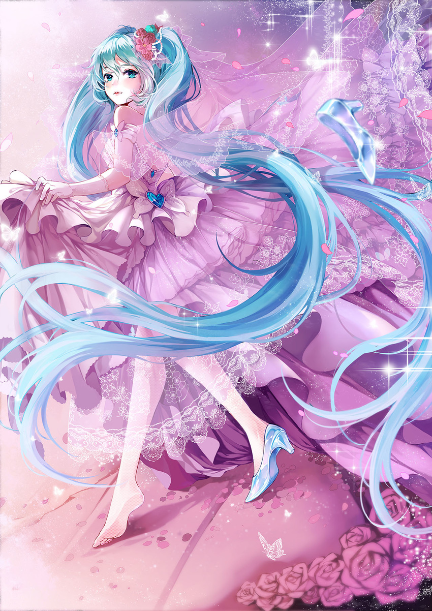 alternate_costume back bangs bare_shoulders beads blue_eyes blue_footwear blue_hair blurry bow bridal_veil bride bug butterfly cinderella colored_eyelashes dress dutch_angle fishnet_pantyhose fishnets flower from_behind gem glass_slipper gloves glowing_butterfly hair_beads hair_flower hair_ornament hatsune_miku heart high_heels highres insect koyuiko lace lace-trimmed_dress lace-trimmed_gloves lipstick long_dress long_hair looking_at_viewer looking_back makeup no_shoes pantyhose parted_lips petals pink_flower pink_lipstick pink_rose rose see-through shoes shoes_removed single_shoe skirt_hold soles solo sparkle strapless strapless_dress twintails veil very_long_hair vocaloid white_bow white_dress white_gloves white_legwear