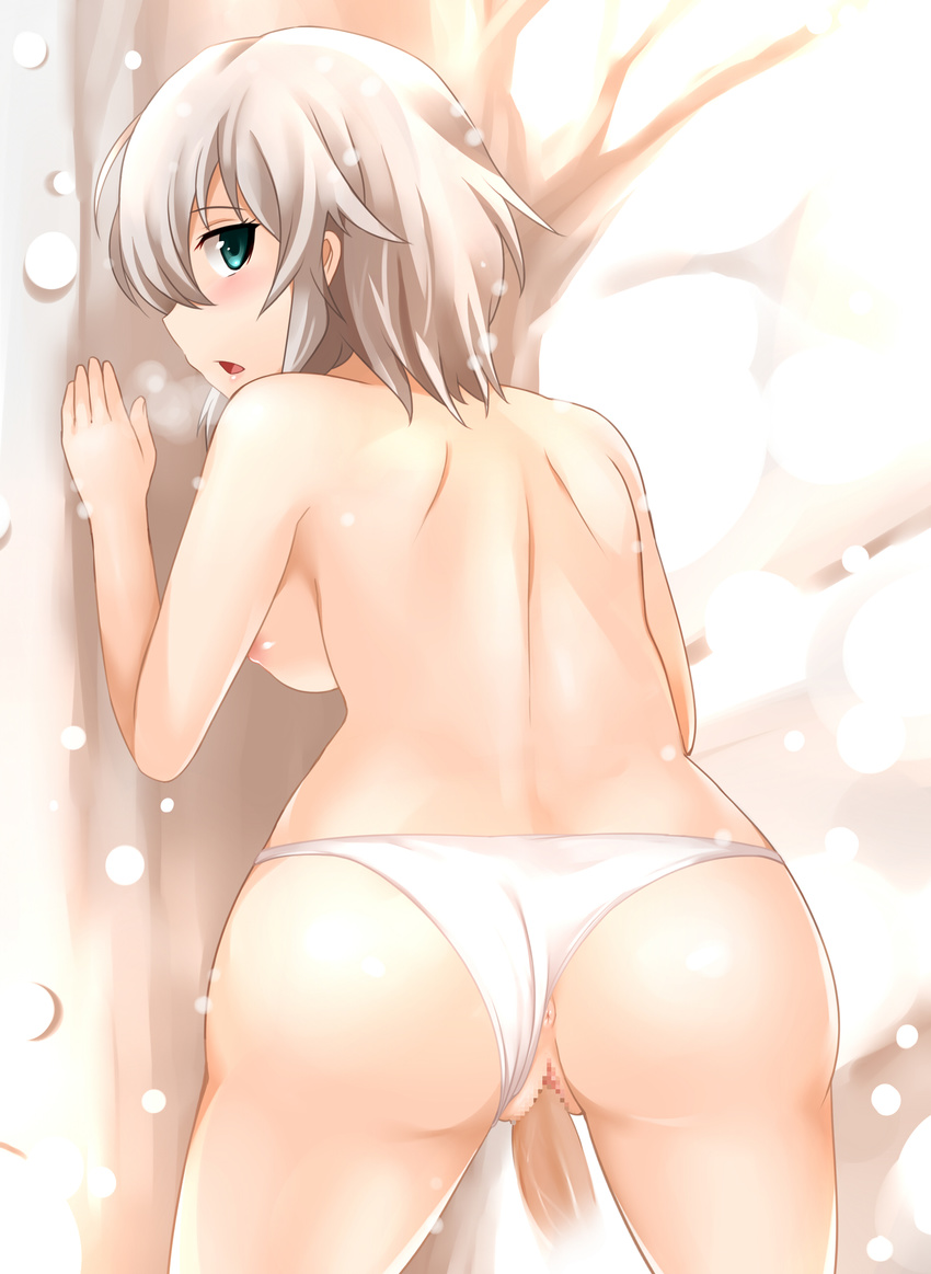 1girl absurdres against_tree anastasia_(idolmaster) ass blue_eyes blush breasts censored from_behind hetero highres idolmaster idolmaster_cinderella_girls looking_back medium_breasts nipples open_mouth panties panties_aside penis pussy sex short_hair silver_hair snow solo_focus topless tree underwear underwear_only vaginal white_panties yoshimo