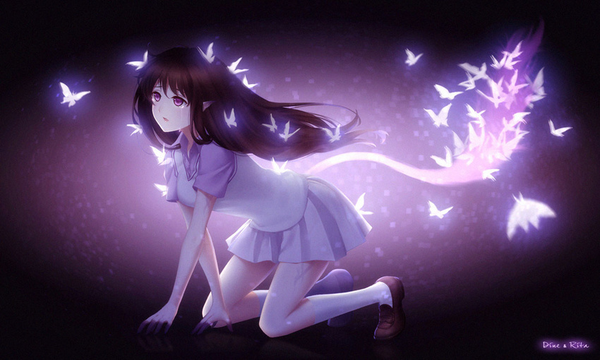 bad_id bad_pixiv_id brown_hair bug butterfly crying crying_with_eyes_open dine&amp;rita iki_hiyori insect long_hair noragami pink_skirt pleated_skirt purple_eyes skirt socks solo tears white_legwear