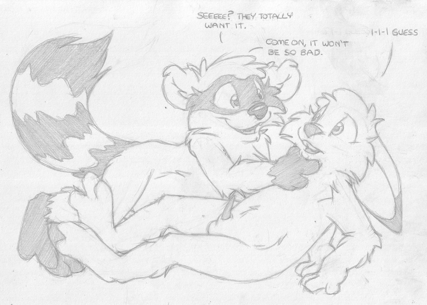anthro balls barefoot buckteeth cub cupping_chin cute_fangs dialogue duo english_text erection eye_contact greyscale jake_cottontail lagomorph lying male male/male mammal mitch_(mizzyam) mizzyam monochrome nude on_back on_front open_mouth pencil_(artwork) penis rabbit raccoon reclining sheath tapering_penis teeth text traditional_media_(artwork) young