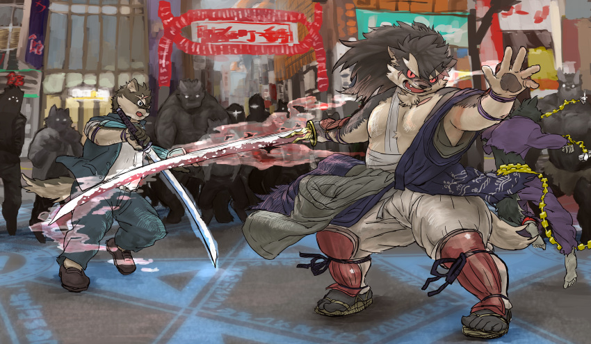 anthro barefooted battle canine chain clothed clothing dog fight garmr group holding_object holding_weapon kemono looking_at_viewer male mammal melee_weapon moritaka muscular muscular_male open_mouth overweight ponytail rakuta scar shino_(housamo) slightly_chubby square_crossover surrounded tokyo_afterschool_summoners weapon