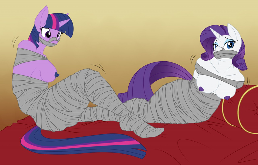 2015 anthro areola bdsm bed bondage bound duo equine female friendship_is_magic gag hair horn lying mammal mummification my_little_pony nipples purple_hair rarity_(mlp) sitting spiderweber twilight_sparkle_(mlp) unicorn