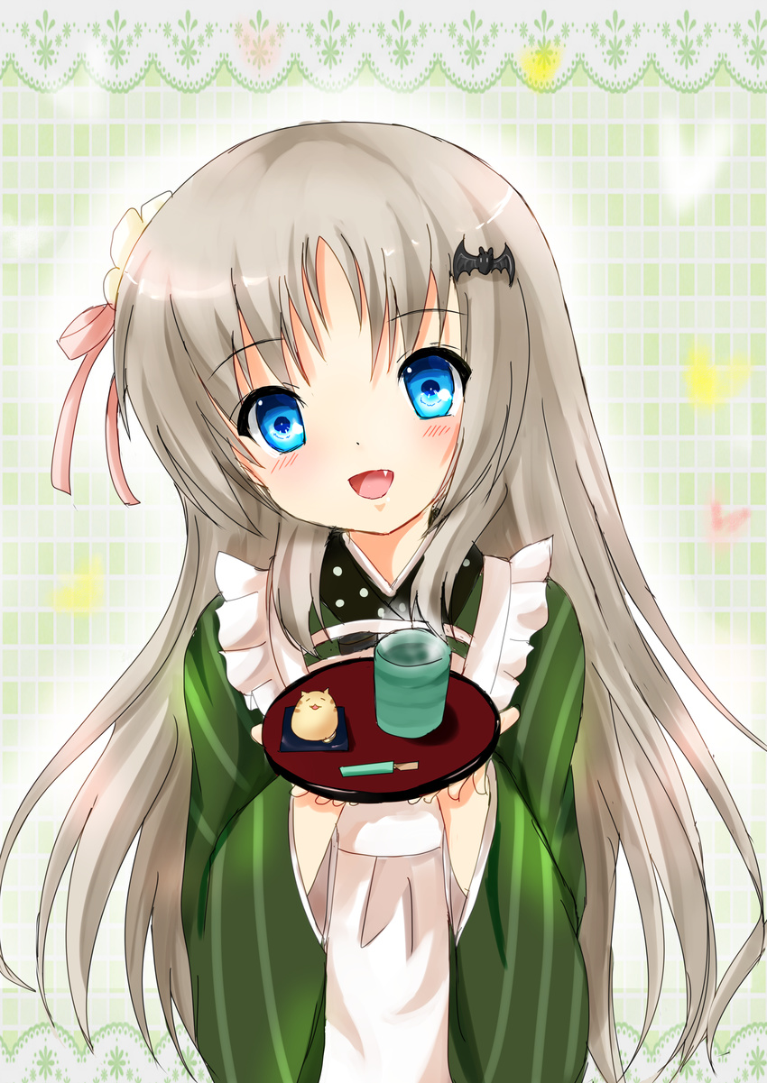 absurdres ama_usa_an_uniform cosplay cup doruji fang gochuumon_wa_usagi_desu_ka? highres japanese_clothes kimono little_busters! long_hair looking_at_viewer mogupuchi mug noumi_kudryavka silver_hair tray ujimatsu_chiya ujimatsu_chiya_(cosplay) waitress