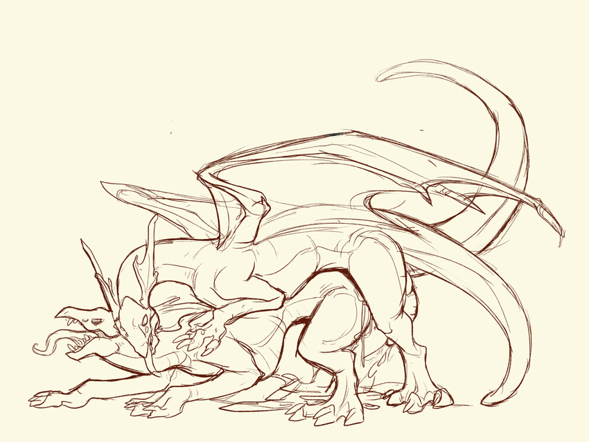 all_fours ambiguous_gender claws cum cum_on_body dragon duo feral feral_on_feral flight_rising four_eyes from_behind gahraazel male mirror_dragon orgasm sex simple_background sketch tongue tongue_out white_background wings