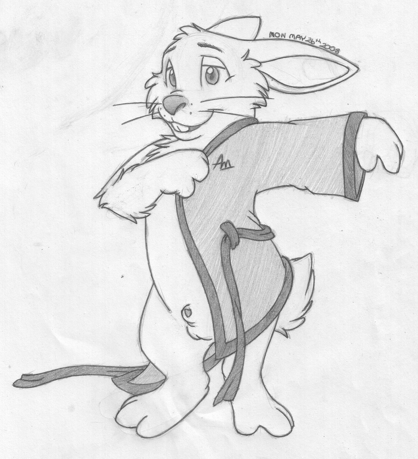 balls barefoot bathrobe bottomless buckteeth clothed clothing front_view greyscale half-dressed lagomorph looking_at_viewer mammal mizzyam monochrome open_mouth pencil_(artwork) penis penis_tip presenting rabbit semi-anthro sheath signature smile standing teeth traditional_media_(artwork) whiskers