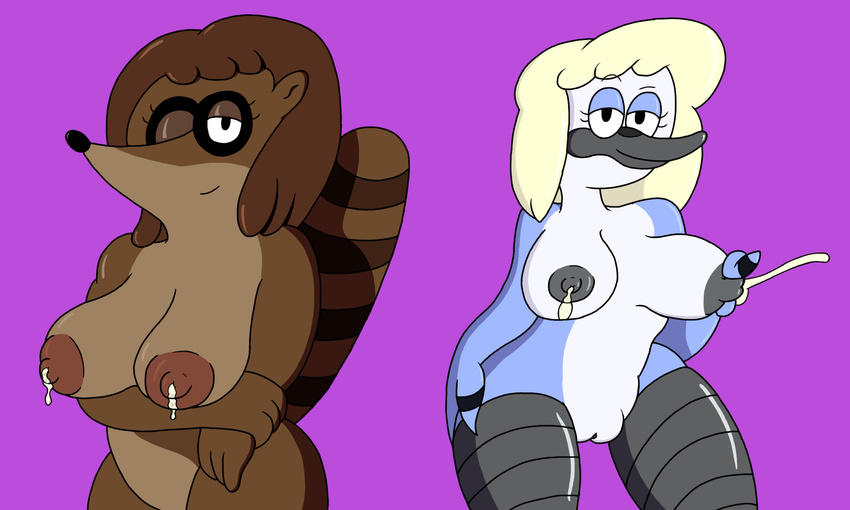 2015 anthro avian big_breasts bird blue_jay breasts brown_fur brown_hair cartoon_network corvid duo erect_nipples feathers female fur hair lactating looking_at_viewer mammal mature_female milk mordecai's_mom mother mr.under nipples nude parent pussy raccoon regular_show rigby's_mom simple_background smile wide_hips