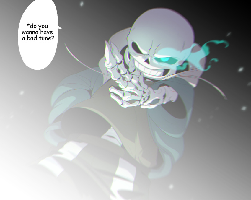 :d black_sclera bone burning_eye chromatic_aberration comic_sans english glowing glowing_eye grin hood hoodie jacket male_focus open_clothes open_jacket open_mouth pointing protected_link redlhzz reverse_translation sans skeleton skull smile solo speech_bubble spoilers standing teeth undertale v-shaped_eyebrows