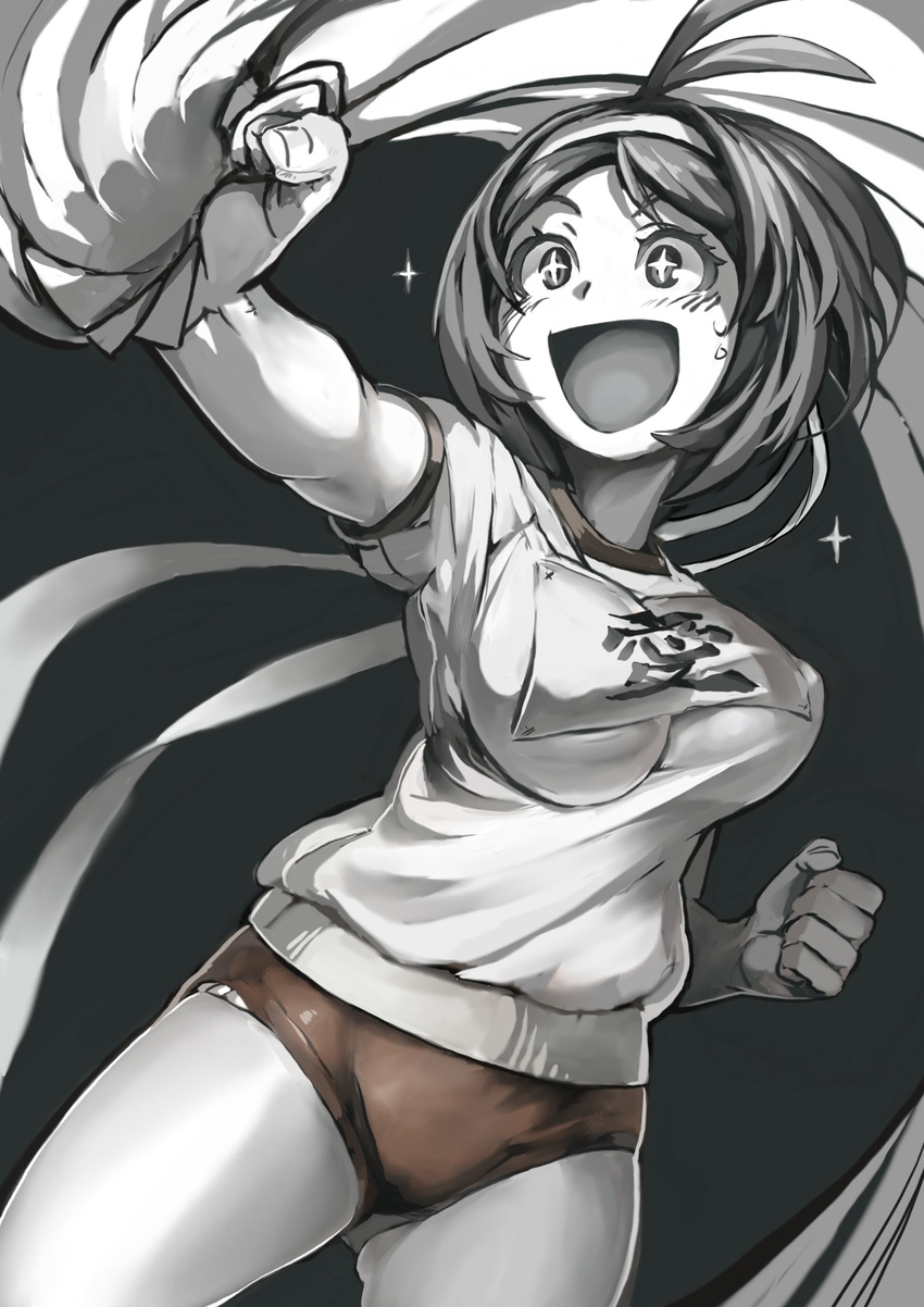 1girl blush buruma greyscale gym_uniform hachimaki headband hidaka_ai highres idolmaster idolmaster_dearly_stars kousaku monochrome open_mouth short_hair smile solo spot_color sweatdrop