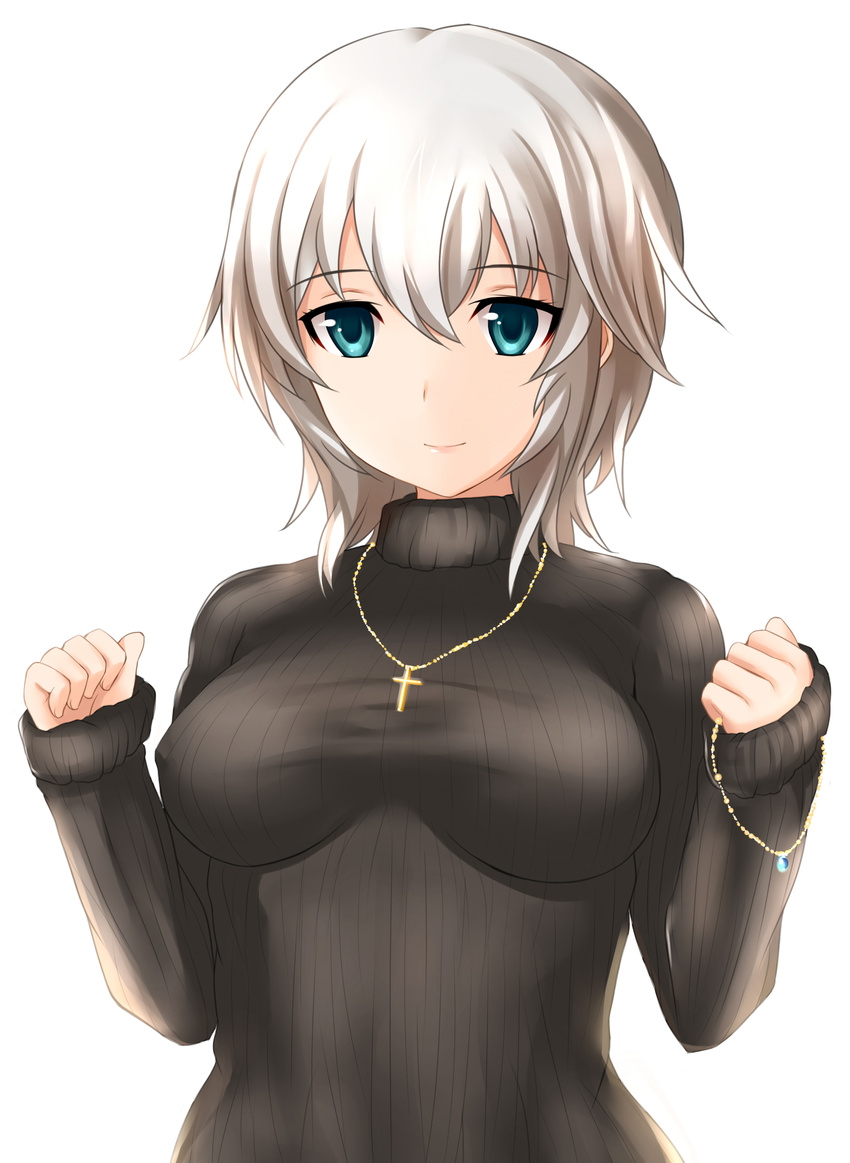 absurdres anastasia_(idolmaster) blue_eyes blush breasts highres idolmaster idolmaster_cinderella_girls jewelry medium_breasts necklace ribbed_sweater short_hair silver_hair smile solo sweater turtleneck yoshimo