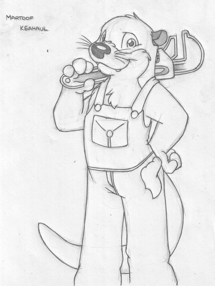 anthro clothed clothing cute_fangs front_view greyscale half-dressed hand_on_hip male mammal martoof_keahaul mizzyam monochrome mustelid otter overalls pencil_(artwork) solo standing tools topless traditional_media_(artwork) whiskers wrench