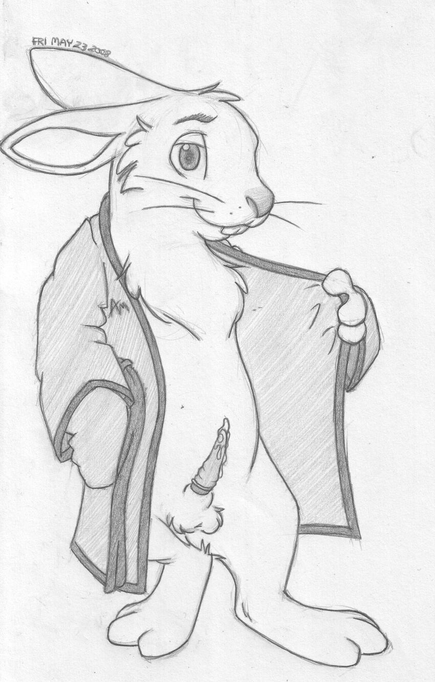 balls barefoot bathrobe bottomless buckteeth clothed clothing condom front_view greyscale half-dressed inviting lagomorph looking_at_viewer mammal mizzyam monochrome open_robe pencil_(artwork) penis precum presenting rabbit semi-anthro sheath signature smile standing tapering_penis teeth traditional_media_(artwork) wearing_condom whiskers