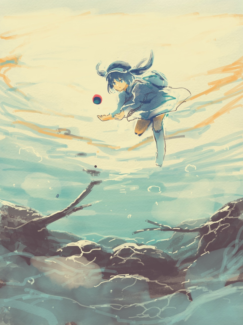 backpack bag blue_eyes blue_hair boots bubble hair_bobbles hair_ornament hat highres kawashiro_nitori kitsune_(kazenouta) long_sleeves rubber_boots shirt sketch skirt solo touhou two_side_up underwater water