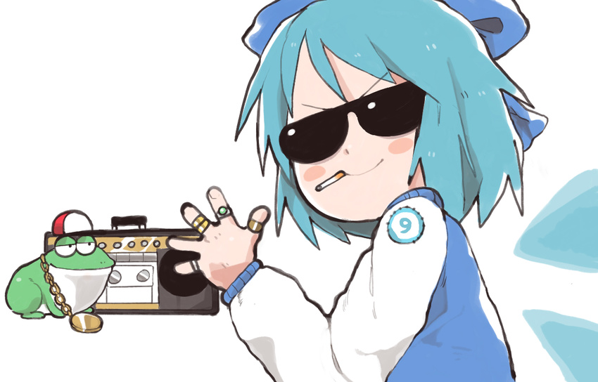 1girl adapted_costume bling blue_hair blush_stickers boombox bow chain cigarette cirno commentary contemporary frog from_behind gangster gold_chain hair_bow inkerton-kun jacket jewelry letterman_jacket looking_at_viewer looking_back patch ribbon ring short_hair simple_background smile sunglasses thumb_ring touhou upper_body white_background wings