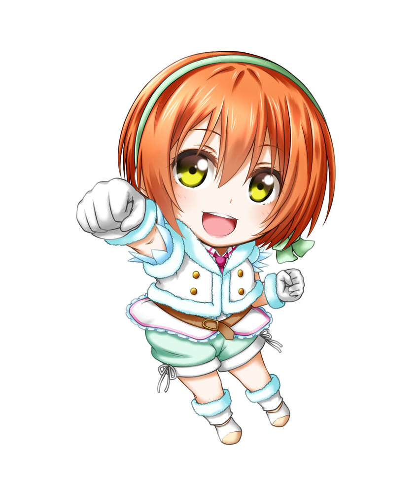 :d belt boots chibi fur-trimmed_boots fur-trimmed_gloves fur_trim gloves hair_between_eyes hairband highres hoshizora_rin kuena love_live! love_live!_school_idol_project open_mouth orange_hair short_hair shorts simple_background smile snow_halation solo white_background white_gloves yellow_eyes