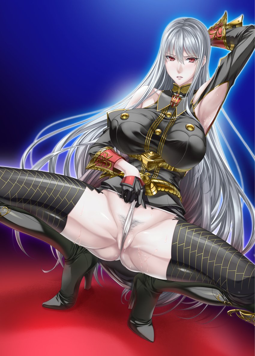 alternate_legwear breasts high_heels highres komori_kei large_breasts panties panty_pull pubic_hair selvaria_bles senjou_no_valkyria silver_hair solo thighhighs underwear uniform white_panties