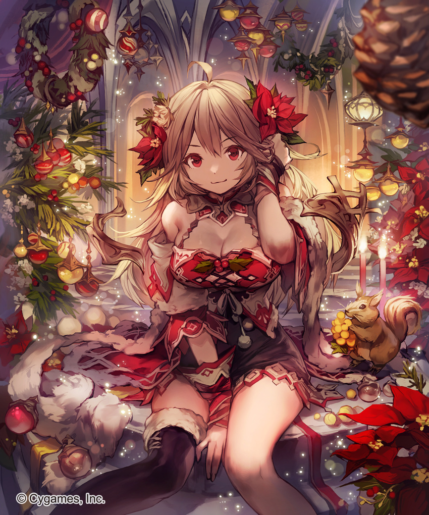 adjusting_hair arch asymmetrical_clothes bauble between_legs blonde_hair breasts christmas_ornaments cleavage cygames gloves hand_between_legs highres large_breasts lee_hyeseung long_hair miniskirt official_art plumeria_(shingeki_no_bahamut) red_eyes shingeki_no_bahamut single_thighhigh sitting skirt smile solo squirrel thighhighs