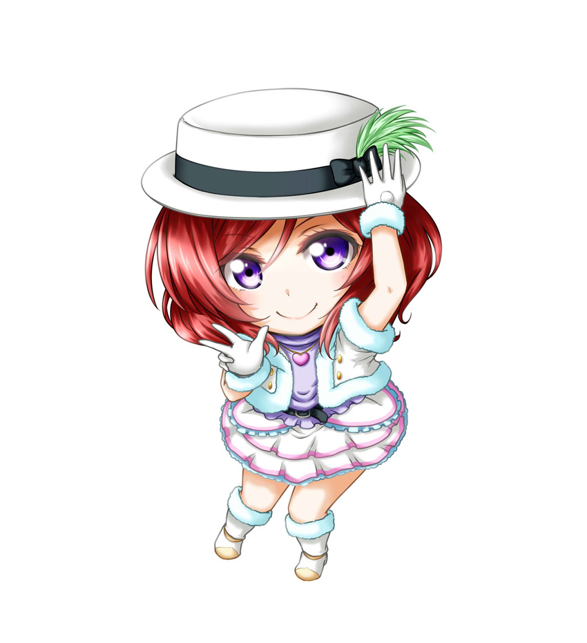 belt chibi fur-trimmed_boots fur-trimmed_gloves fur_trim gloves hand_on_headwear hat hat_feather heart_pendant highres kuena looking_at_viewer love_live! love_live!_school_idol_project nishikino_maki purple_eyes red_hair short_hair simple_background skirt smile snow_halation solo standing w white_background