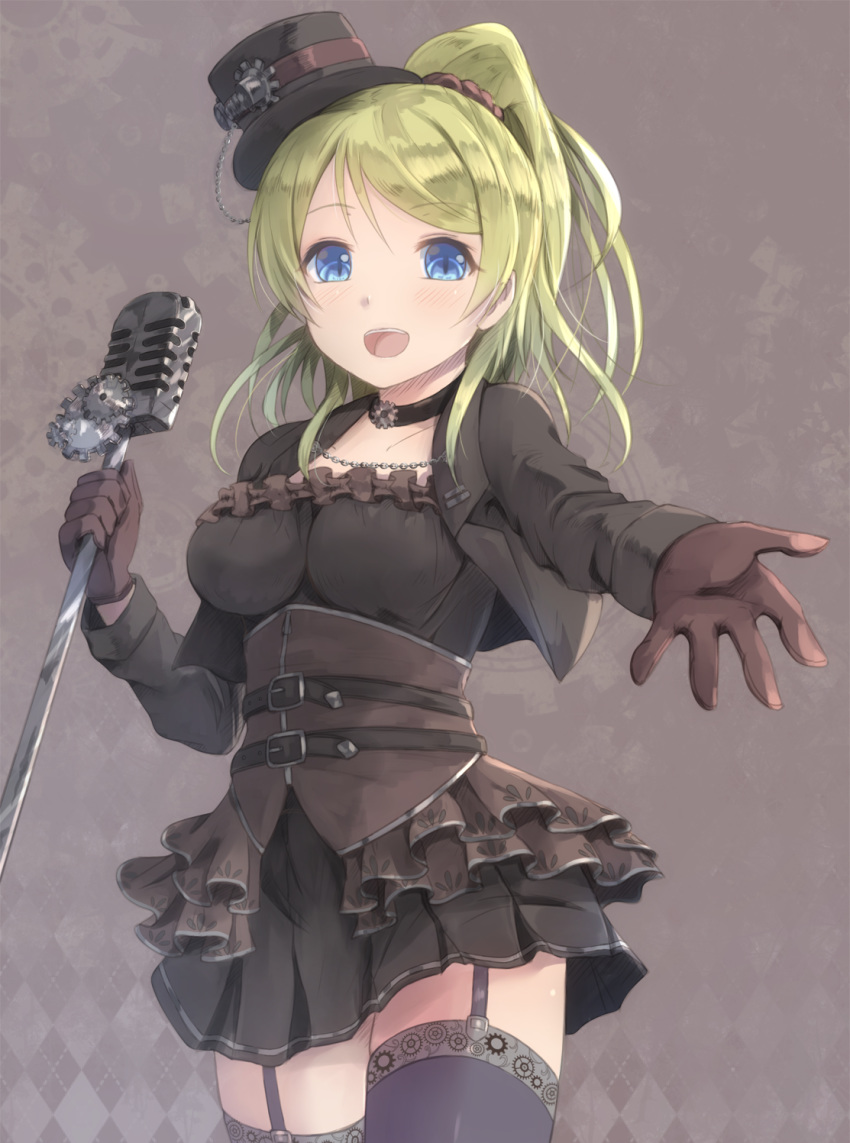 1girl :d argyle argyle_background ayase_eli bangs black_choker black_hat black_jacket black_shirt black_skirt blue_eyes blush breasts brown_background brown_gloves brown_scrunchie choker commentary cropped_jacket english_commentary eyebrows_visible_through_hair frilled_shirt frills garter_straps gears gloves green_hair grey_legwear hair_ornament hair_scrunchie hat high_ponytail highres hikari_niji holding jacket long_hair long_sleeves looking_at_viewer love_live! love_live!_school_idol_project medium_breasts microphone mini_hat mini_top_hat open_mouth pleated_skirt ponytail scrunchie shirt skirt sleeves_past_wrists smile solo steampunk swept_bangs thighhighs tilted_headwear top_hat upper_teeth