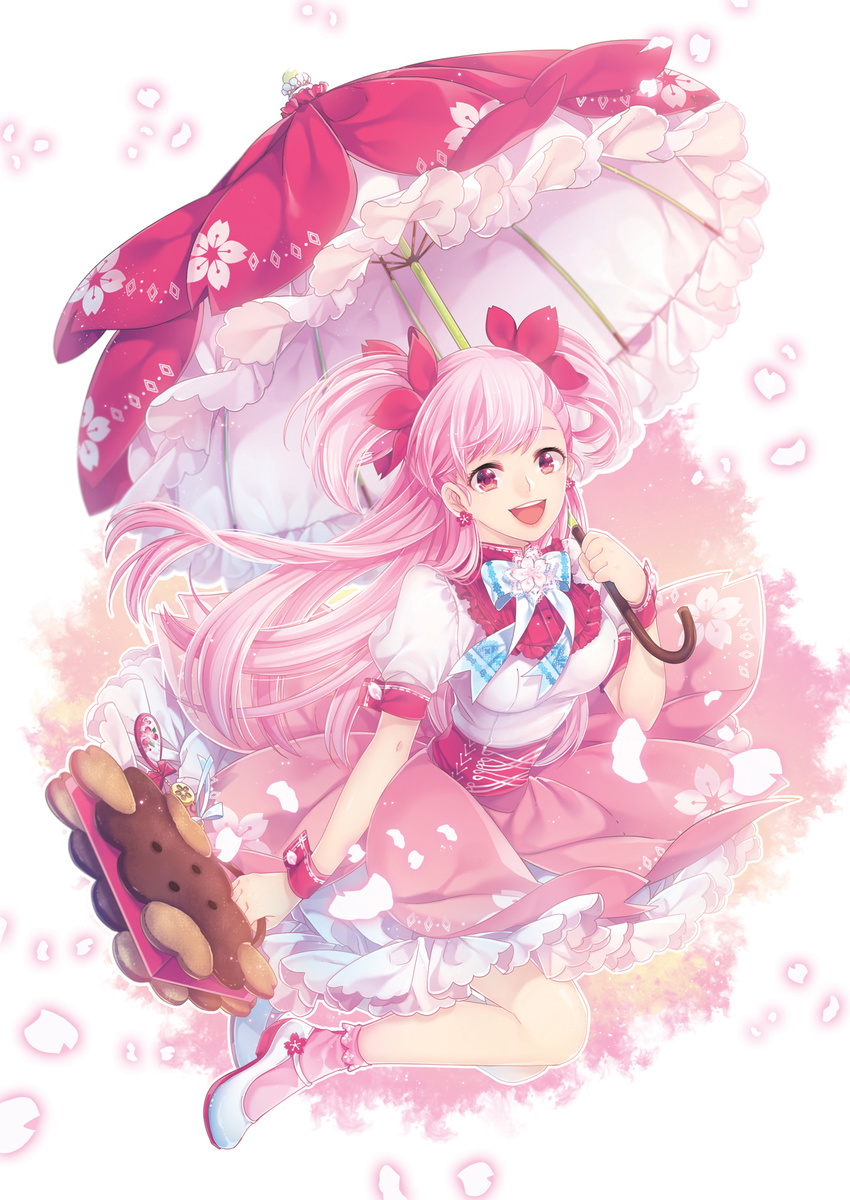 cherry_blossom_cookie cherry_blossoms cookie_run highres long_hair looking_at_viewer parasol personification petals pink_eyes pink_hair pink_skirt pink_umbrella puffy_short_sleeves puffy_sleeves short_sleeves silverbin skirt smile solo two_side_up umbrella white_legwear