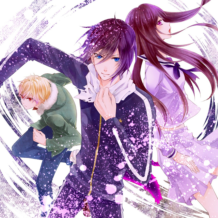 2boys alice11145032 black_hair blonde_hair blue_eyes brown_hair iki_hiyori long_hair looking_at_viewer multiple_boys noragami open_mouth pleated_skirt purple_eyes purple_skirt red_eyes school_uniform skirt smile yato_(noragami) yukine_(noragami)