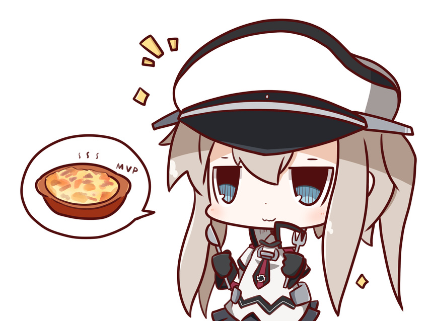 :3 blue_eyes capelet chibi commentary_request food graf_zeppelin_(kantai_collection) gratin hat highres kantai_collection looking_at_viewer mvp nuu_(nu-nyu) peaked_cap silver_hair solo sparkle spoken_object twintails