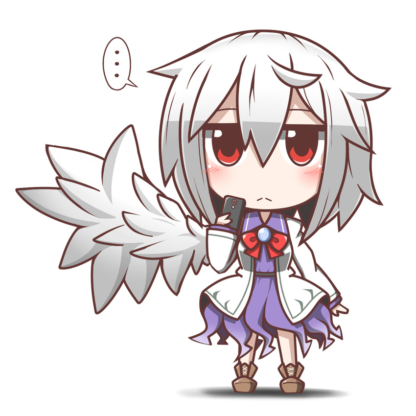 1girl cellphone chibi feiton highres holding kishin_sagume looking_at_viewer phone red_eyes short_hair simple_background single_wing smartphone solo touhou white_background white_hair wings