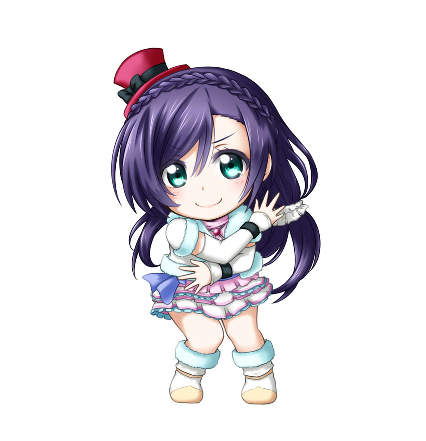 &gt;:) aqua_eyes arm_warmers bow braid chibi crown_braid detached_sleeves fur-trimmed_boots fur_trim hair_between_eyes hat hat_bow highres kuena long_hair looking_at_viewer love_live! love_live!_school_idol_project purple_hair scrunchie simple_background skirt smile snow_halation solo top_hat toujou_nozomi v-shaped_eyebrows white_background