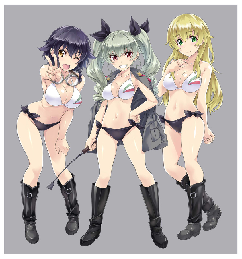 ;d adapted_costume anchovy anzio_school_uniform bikini black_footwear black_hair blonde_hair boots braid breasts brown_eyes carpaccio cleavage collarbone drill_hair full_body girls_und_panzer goggles goggles_around_neck green_eyes green_hair grey_background grin hair_over_breasts hand_on_hip hand_on_own_chest hand_on_own_thigh highres italian_flag jacket_on_shoulders knee_boots large_breasts leaning_forward long_hair multiple_girls nagayori navel one_eye_closed open_mouth pepperoni_(girls_und_panzer) riding_crop short_hair side-tie_bikini side_braid simple_background smile swimsuit twin_drills twintails yellow_eyes