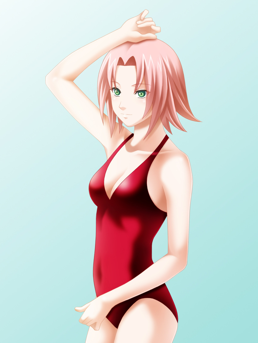 blue_background breasts casual_one-piece_swimsuit cleavage covered_navel green_eyes haruno_sakura highres long_hair medium_breasts naruto naruto_(series) one-piece_swimsuit pink_hair red_swimsuit solo swimsuit tamamon