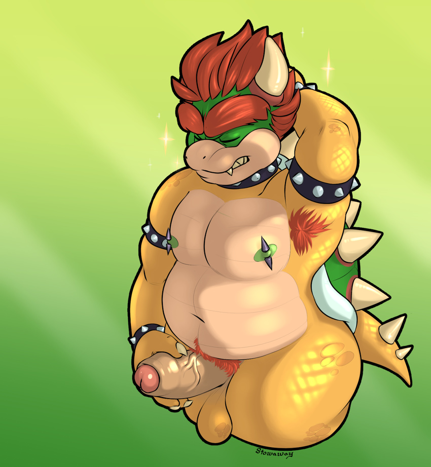 abstract_background anthro arm_up armpit_hair armpits balls bowser collar erection eyes_closed hand_behind_head hi_res humanoid_penis koopa male mario_bros masturbation nintendo nipple_piercing nipples orgasm penile_masturbation penis piercing pubes reptile scalie sharp_teeth simple_background slightly_chubby solo spikes stowaway teeth uncut video_games