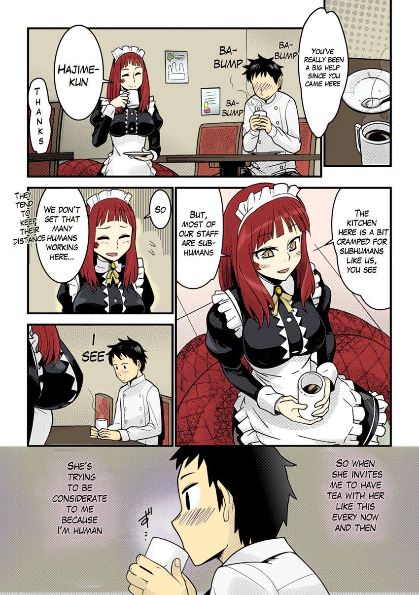 1girl apron black_hair blush breasts colorized comic drinking english eromanga food hard_translated highres kuroshiki lamia large_breasts long_sleeves maid maid_apron monster_girl original red_hair slit_pupils yellow_eyes