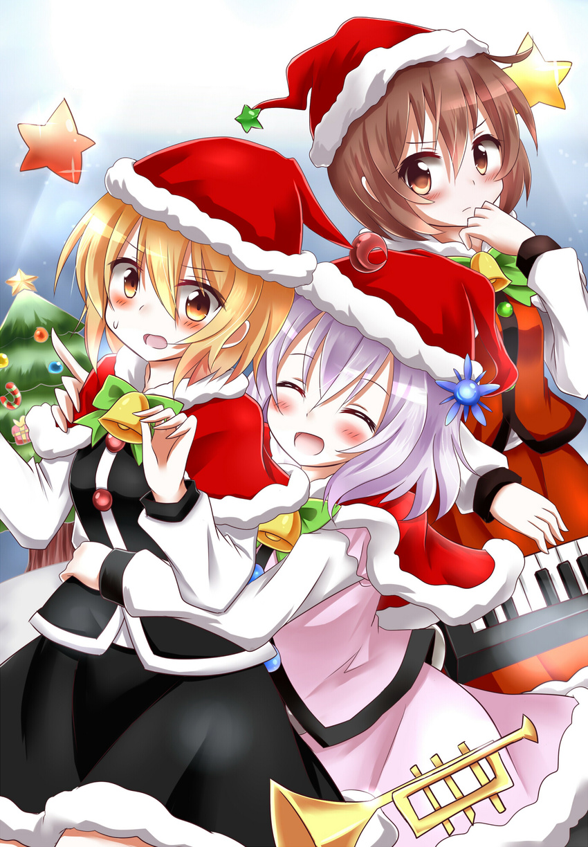 adapted_costume bell blonde_hair blush brown_eyes brown_hair capelet christmas christmas_ornaments christmas_tree closed_eyes commentary_request hachimi hat highres hug hug_from_behind instrument keyboard_(instrument) lunasa_prismriver lyrica_prismriver merlin_prismriver multiple_girls open_mouth santa_hat shirt siblings silver_hair sisters skirt skirt_set smile star touhou trumpet vest