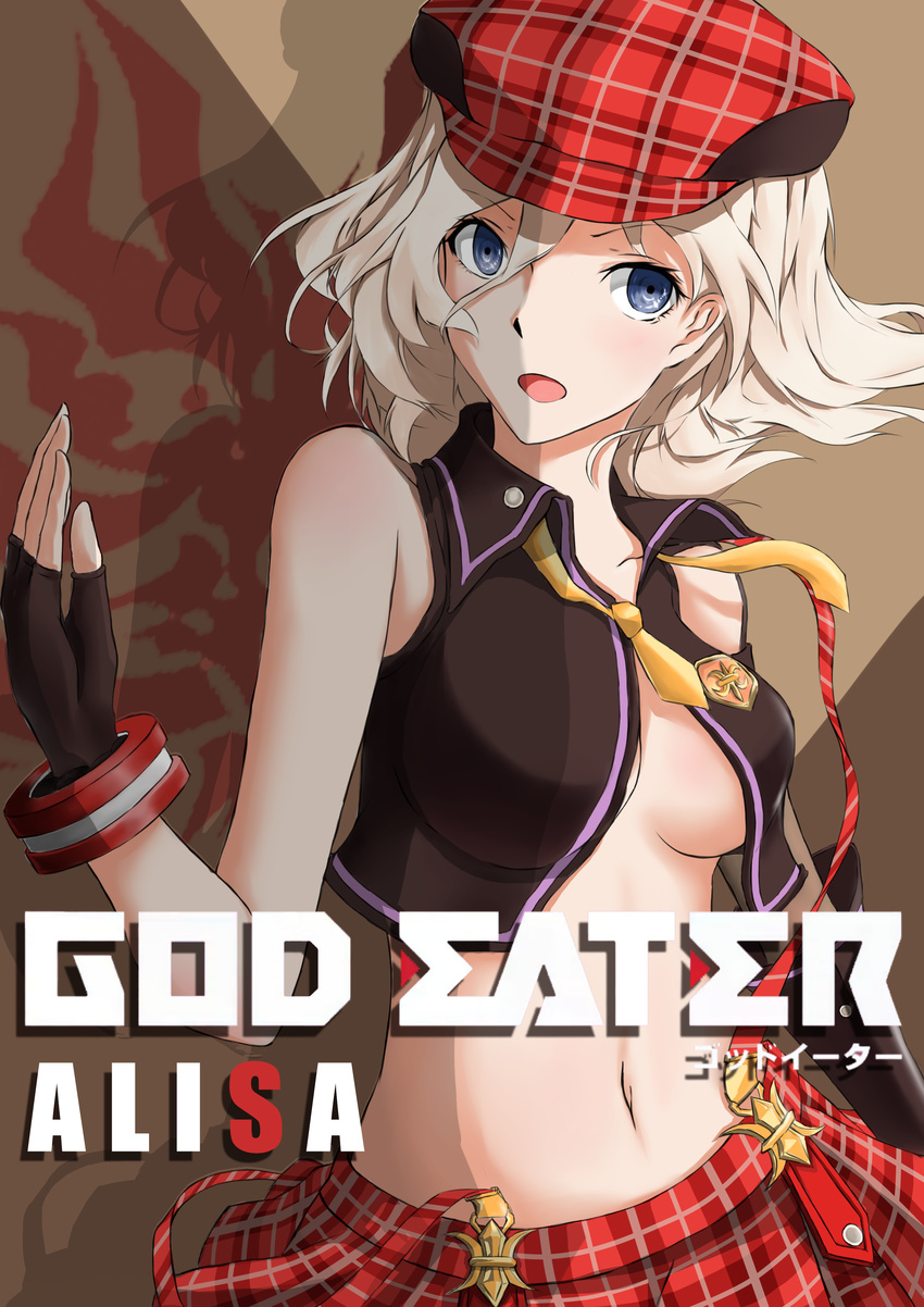 absurdres aka_(hwdllht) alisa_ilinichina_amiella blue_eyes boots breasts elbow_gloves fingerless_gloves gloves god_eater god_eater_burst hat highres long_hair looking_at_viewer medium_breasts navel open_clothes open_mouth silver_hair skirt solo suspender_skirt suspenders underboob