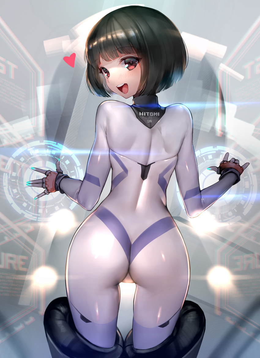 \||/ absurdres appleseed ass back bangs black_hair blue_nails blunt_bangs blush bodysuit character_name cowboy_shot fingerless_gloves floating_screen from_behind gloves glowing heart highres hitomi_(appleseed) hitowa hologram legs_apart lens_flare looking_back nail_polish red_eyes short_hair solo teeth turtleneck