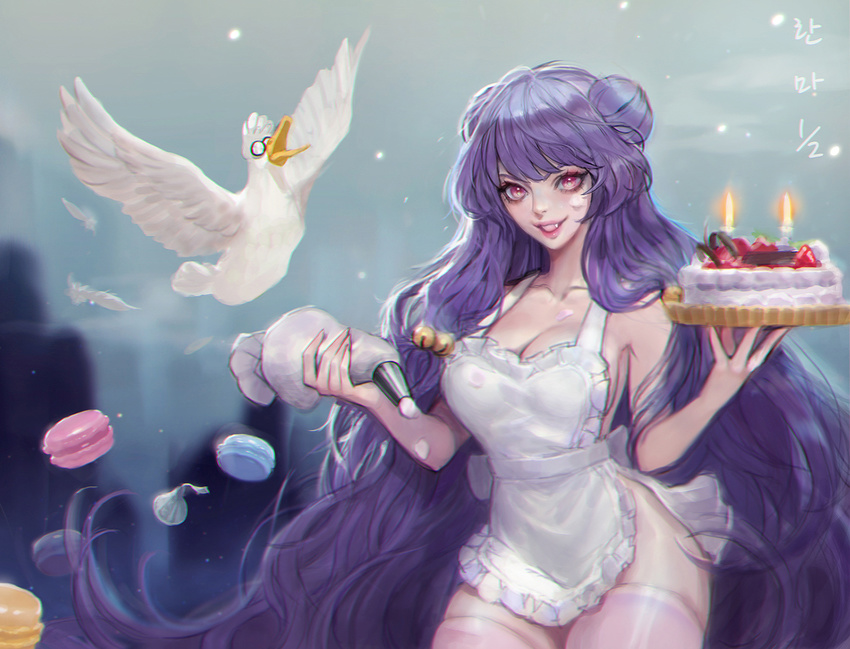 apron bird blush breasts cake candle cleavage copyright_name double_bun fang food highres large_breasts long_hair macaron monable mousse mousse_(duck) naked_apron open_mouth pastry_bag pink_legwear purple_hair ranma_1/2 shampoo_(ranma_1/2) smile solo thighhighs very_long_hair