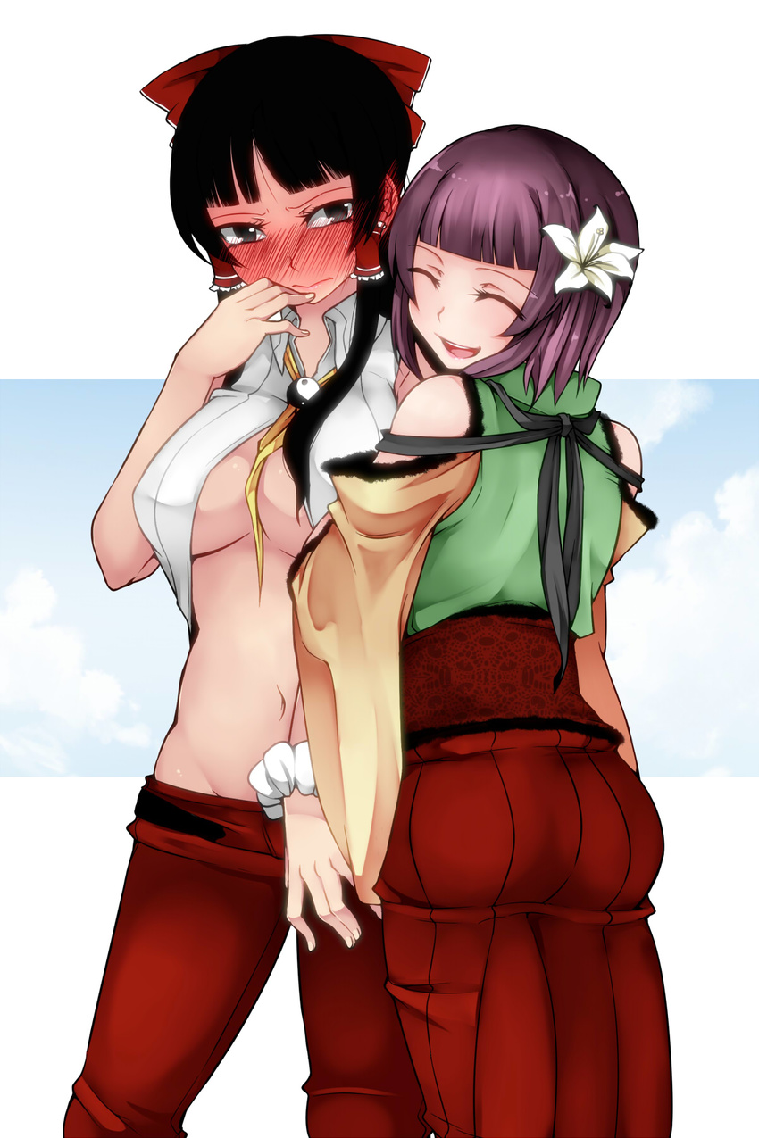 adapted_costume alternate_costume aoshima arm_hug bare_shoulders black_hair blush bow breasts closed_eyes commentary_request detached_sleeves ear_blush flower grey_eyes groin hair_bow hair_flower hair_ornament hair_tubes hakurei_reimu hieda_no_akyuu highres japanese_clothes kimono large_breasts long_sleeves midriff multiple_girls navel no_bra no_panties obi open_clothes open_mouth open_shirt pants purple_hair sash shirt sleeveless sleeveless_kimono sleeveless_shirt smile touhou wide_sleeves yuri