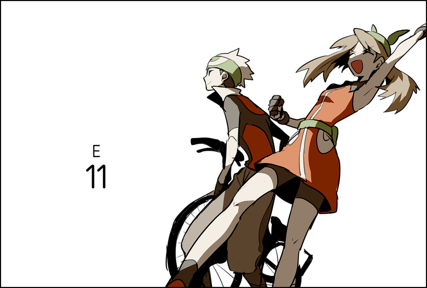 1girl :d ^_^ anniversary arm_up armpits bandana bangs belt_pouch bicycle black_hair brown_hair clenched_hand closed_eyes copyright_name domu_(hamadura) dress from_below from_side gloves ground_vehicle haruka_(pokemon) hat highres long_sleeves number open_mouth orange_dress pants parted_bangs pokemon pokemon_(game) pokemon_emerald pokemon_rse pouch simple_background smile white_background yuuki_(pokemon)