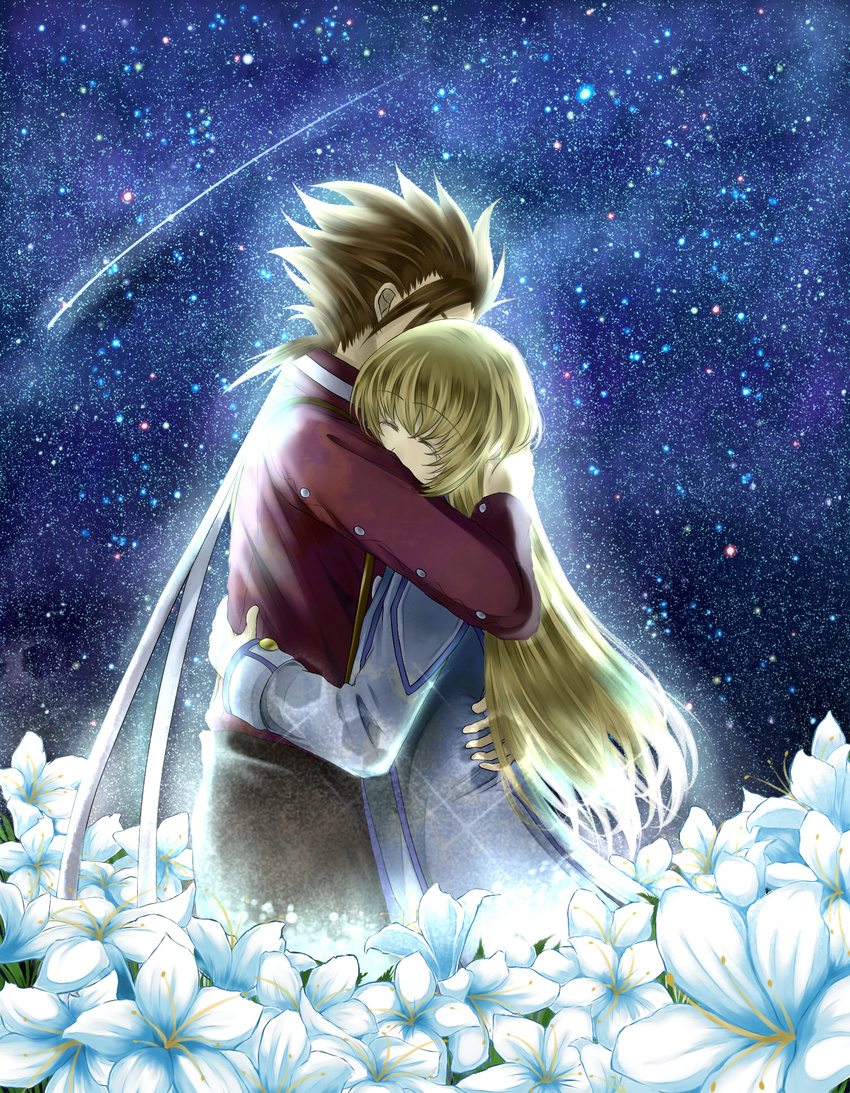 1girl blonde_hair brown_hair closed_eyes collet_brunel couple delsaber flower highres hug lily_(flower) lloyd_irving long_hair night outdoors red_shirt shirt sky spiked_hair star_(sky) starry_sky tales_of_(series) tales_of_symphonia